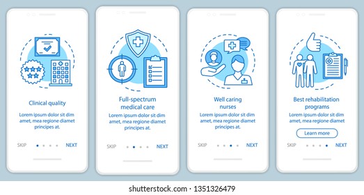 Medical service benefits onboarding mobile app page screen vector template. Quality health care, rehabilitation. Walkthrough website steps with illustrations. UX, UI, GUI smartphone interface concept