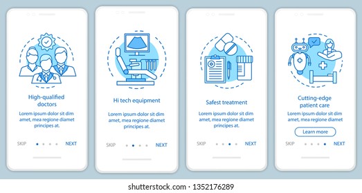 Medical service benefits onboarding mobile app page screen vector template. High quality health care. Walkthrough website steps with linear illustrations. UX, UI, GUI smartphone interface concept