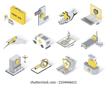 Medical service concept 3d isometric icons set. Pack elements of online consultation, healthcare, cardiology, temperature, ambulance, genetic and other. Vector illustration in modern isometry design