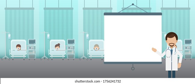 Medical Service Concept With Blank Screen Projector And Patient With Ventilator Flat Design Vector Illustration