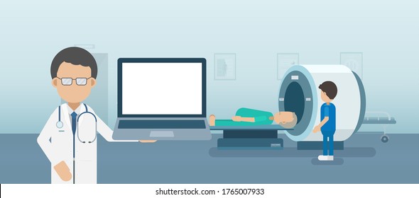 Medical service concept with blank screen notebook and patient with mri scan machine flat design vector illustration svg