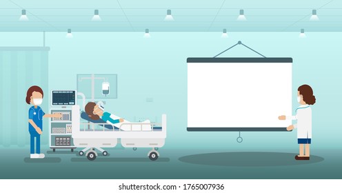 Medical service concept with blank screen projector and critical patient flat design vector illustration