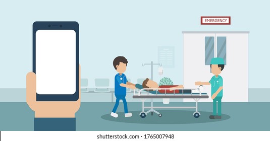 Medical service concept with blank screen mobile phone and doctor with injured patient in bed flat design vector illustration