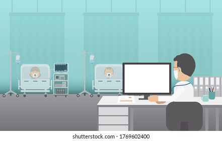 Medical service concept with blank screen monitor and critical patients flat design vector illustration