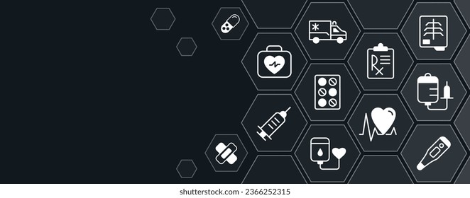 Medical service concept design template with white glyph icons. Editable flat pictograms on abstract background with blank copy space. Vector illustration for ad, web banner, business presentation