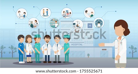 Medical service concept with doctor and patients flat design vector illustration