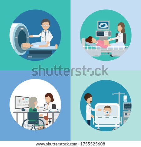 Medical service concept with doctors and patients flat design vector illustration