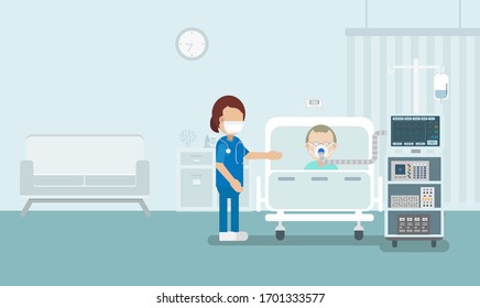 Medical service concept with elder patient and ventilator flat design vector illustration