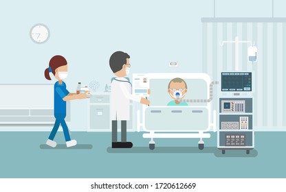 Medical service concept with elder patient and ventilator flat design vector illustration