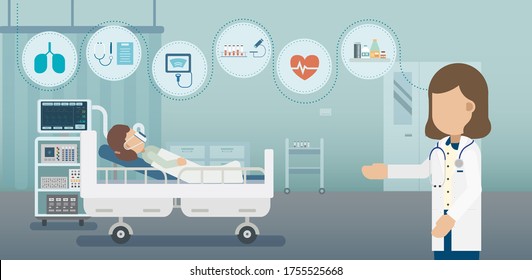 Medical service concept with patient and ventilator flat design vector illustration