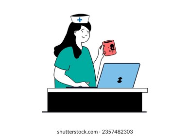 Medical service concept with people scene in flat web design. Woman works as receptionist and nurse at reception in clinic or hospital. Vector illustration for social media banner, marketing material.
