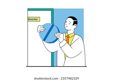 Medical service concept with people scene in flat web design. Doctor diagnosing disease for patients and making prescription of pills. Vector illustration for social media banner, marketing material.