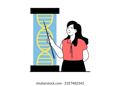 Medical service concept with people scene in flat web design. Woman researchers dna molecule, works at genetics scientific institute. Vector illustration for social media banner, marketing material.