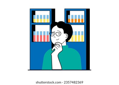 Medical service concept with people scene in flat web design. Man works as researcher in laboratory with test tubes on shelves. Vector illustration for social media banner, marketing material.