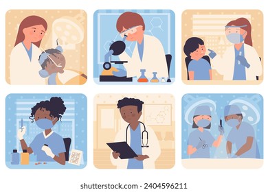 Medical service concept with people situation set in flat web design. Bundle scenes with multiethnic diverse characters of pediatrician or dentist help, laboratory, vaccination. Vector illustrations.