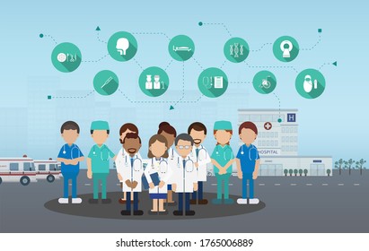 Medical service concept with medical staffs and icons flat design vector illustration