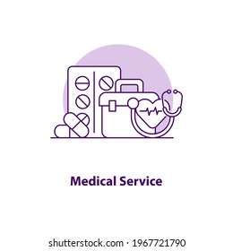 Medical service creative UI concept icon. Medical service. Doctor online. Medical equipment. Doctor consultation abstract illustration. Isolated vector art for UX. Color graphic design element