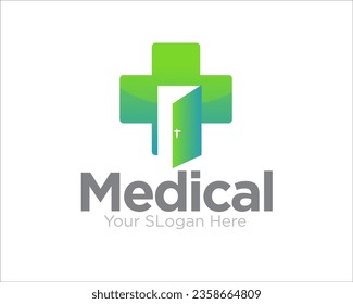 medical service with cross and open the door figure logo for health service