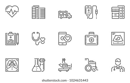 Medical Service, Diagnostic Equipment, Healthcare Professionals Vector Flat Line Icons Set. Contains Hospital, Doctor, Emergency Medicine, Lab Test And More. Editable Stroke. 48x48 Pixel Perfect.