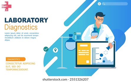 Medical service, diagnostics. A doctor scientist works in a laboratory on medical drugs in a laptop. Web page design for online services, healthcare. People, medical workers. Vector illustration