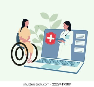 Medical service for disabled people, telemedicine vector illustration, isolated on white woman character consulting with online doctorin laptop. 