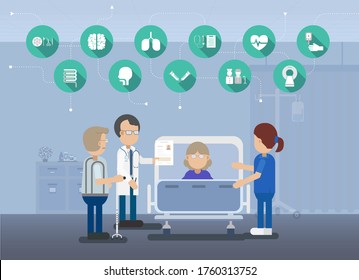 Servicio médico con un médico con pacientes ancianos en cama. Ilustración vectorial de diseño plano