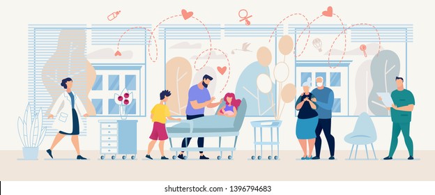 Medical Service with Doctors and Patient in Clinic Banner Template Vector Healthcare Medic Fast Diagnosis Consultation Flat Illustration Family with Ill Mother Hospital Ward Specialist Ready Consult