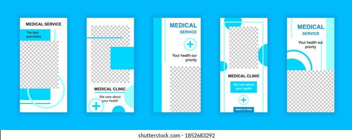 Medical Service Editable Templates Set For Stories. Health Care And Treatment, Modern Clinic Layouts. Design For Social Networks. Story Mockup With Free Copy Space Vector Illustration.