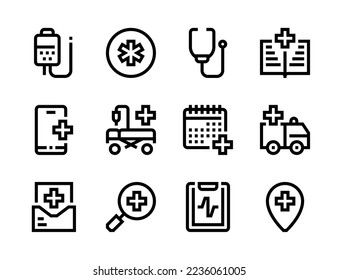 Medical service, Emergency and Healthcare line vector icons. Hospital, Doctor help and Clinic editable stroke outline icon set.