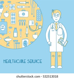 Medical service, health line design with doctor and medical pattern