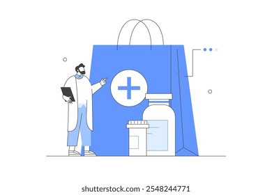 Medical service. Healthcare and Medicine concept. Buying medicament in pharmacy store. Flat Cartoon Vector Illustration, icon. Stylish Modern Abstract