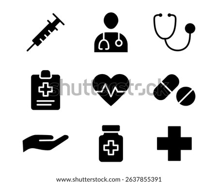 Medical service icon. Includes syringe, doctor, stethoscope, clipboard, heart, pills, hand, medical cross illustration. Healthcare diagnosis and treatment symbol. Emergency aid pictogram.