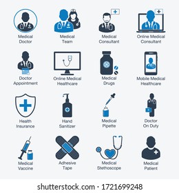 Medical Service Icons with Doctor, Team, patient, medicine sign. Editable Vector EPS Symbol Illustration.