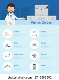 Medical service infographic with doctors and icons flat design vector illustration