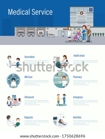 Medical service infographic with doctors and patients flat design vector illustration