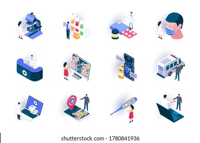 Medical service isometric icons set. Diagnosis and treatment in clinic flat vector illustration. Online doctor consultation, life insurance and healthcare 3d isometry pictograms with people characters