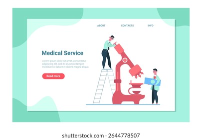 Medical service landing page featuring scientists working with microscopes, conducting laboratory research, and engaging in healthcare and pharmaceutical experiments
