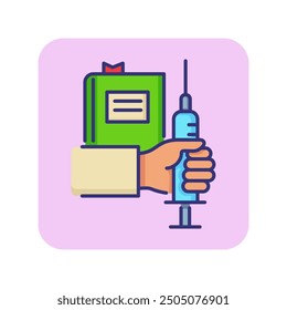 Medical service line icon. Hand holding syringe with book with bookmark. Medicine concept. Can be used for topics like healthcare, injection, medical records