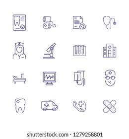 Medical service line icon set. Hospital, microscope, doctor, cardiogram. Medicine concept. Can be used for topics like healthcare, insurance, teeth care