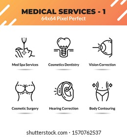 Medical service line icon set vector. Contains such icon as med spa, dentistry, vision correction, cosmetic surgery, hearing correction and body contouring. Editable stroke pixel perfect