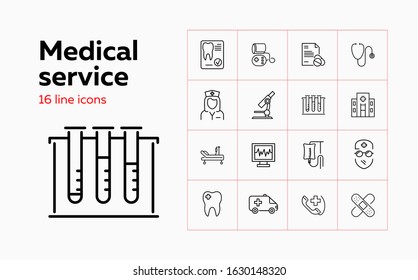 Medical service line icon set. Hospital, microscope, doctor, cardiogram. Medicine concept. Can be used for topics like healthcare, insurance, teeth care