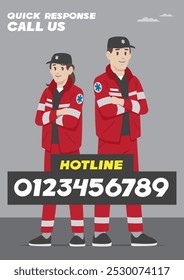 medical service man and woman with hat and red work jacket and side promotion campaign standing with