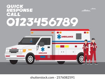 medical service man and woman with hat and red work jacket and side promotion campaign standing in front of car with call number for quick response call