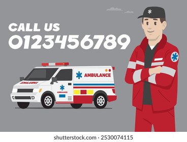 medical service man with work hat and red jacket and side promotion campaign standing in front of car  with call number for quick response call