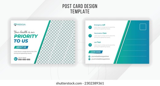 Medical service and minimal and creative medical postcard template design with green gradient color shape and white background