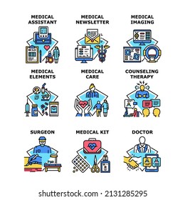 Medical service, newsletter, care, Counseling therapy, kit, assistant, Doctor, Surgeon, imaging, elements vector concept color illustration