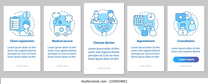 Medical Service Onboarding Mobile App Page Screen With Linear Concept. Medicine. Private Clinic Steps. Medical Appointment. Doctor Consultation. UX, UI, GUI Vector Template With Illustrations