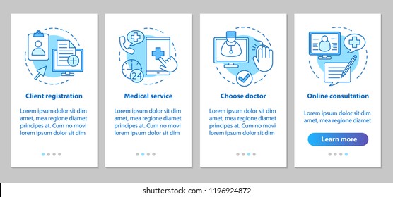 Medical service onboarding mobile app page screen with linear concepts. Doctor online consultations steps graphic instructions. Medical appointment. UX, UI, GUI vector template with illustrations