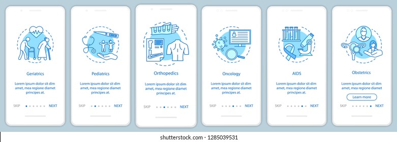 Medical service onboarding mobile app page screen vector template. Nursing care walkthrough website steps with linear icons. Geriatrics, oncology, aids assistance. UX, UI, GUI smartphone interface