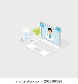 Medical Service Online On Laptop Concept. Digital Health Care. Vector Illustration Isometric Design.